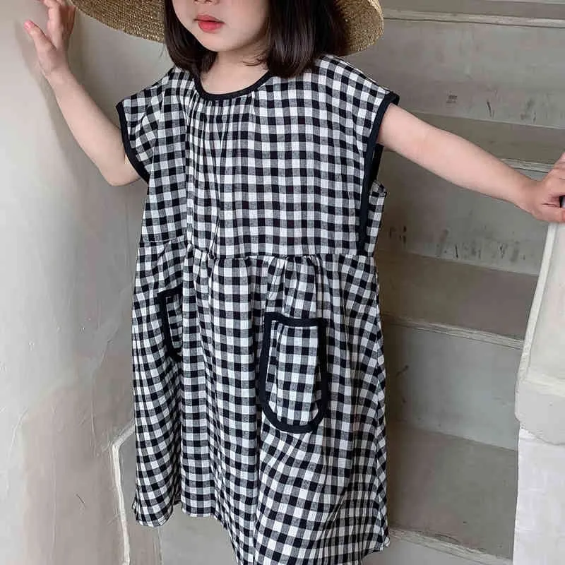 3-7 Years For Short-sleeve Plaid Print Girl Dress Korean Style Children's Clothes Casual Summer 210515