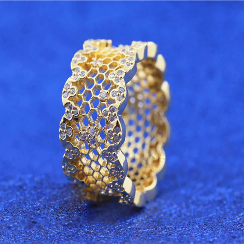 18CT Gold Plated Shine Honeycomb Lace Ring with Cz Stones Fit Pandora Charm Jewelry Engagement Wedding Lovers Fashion Ring197T