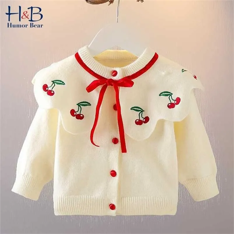 Humor urso meninas coreano jaqueta de malha outono inverno quente camisola veludo cardigan bebê crianças meninas cute roupas 211106