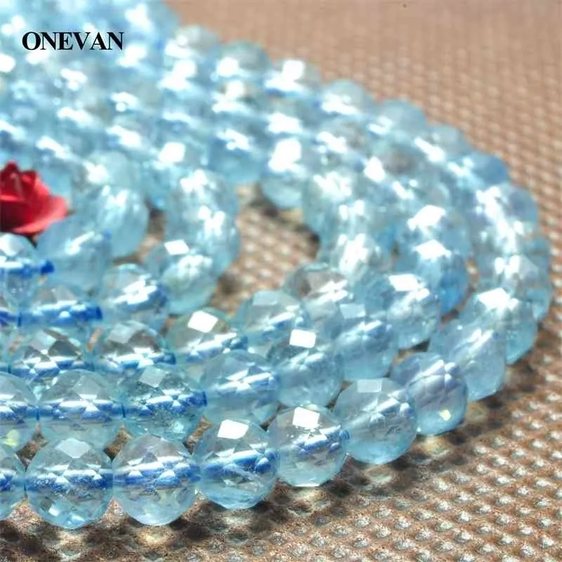 Onevan Natural A + Aquamarine граненый круглый свободный шарм шарм шариков 4 мм каменный браслет ожерелье ювелирные изделия изготовления DIY аксессуары дизайн