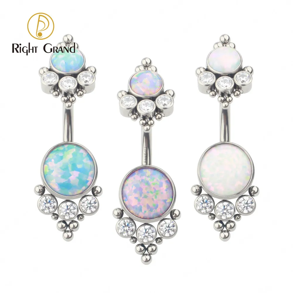 Right Grand ASTM F136 Titanium 14G Opal Navel Button Jewelry Belly Ring CZ Body Piercing