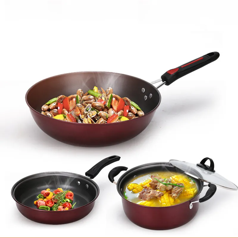3 Pcs/Set Pans Home Red Wok Stockpot Milk Salad Non-Stick Curry Steak Frying Pan Household Restaurant Cookers With Lid BH5137 TYJ