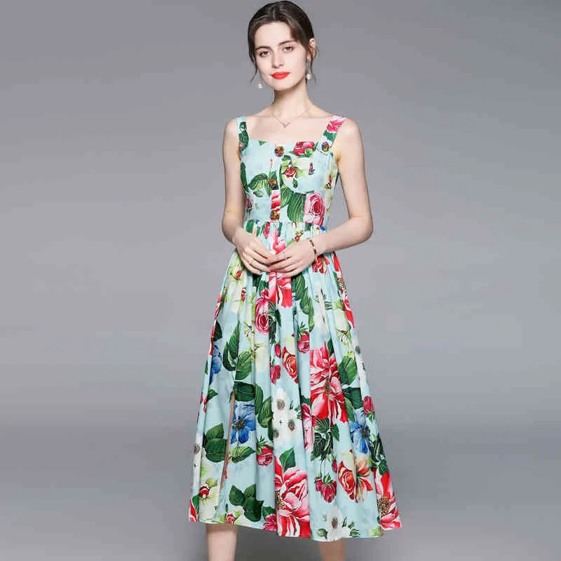 Vrouwen zomer ontwerper elegante print floral jurk vrouwelijke mode bruiloft feestje dames vintage a-lijn jurken vestidos 210525