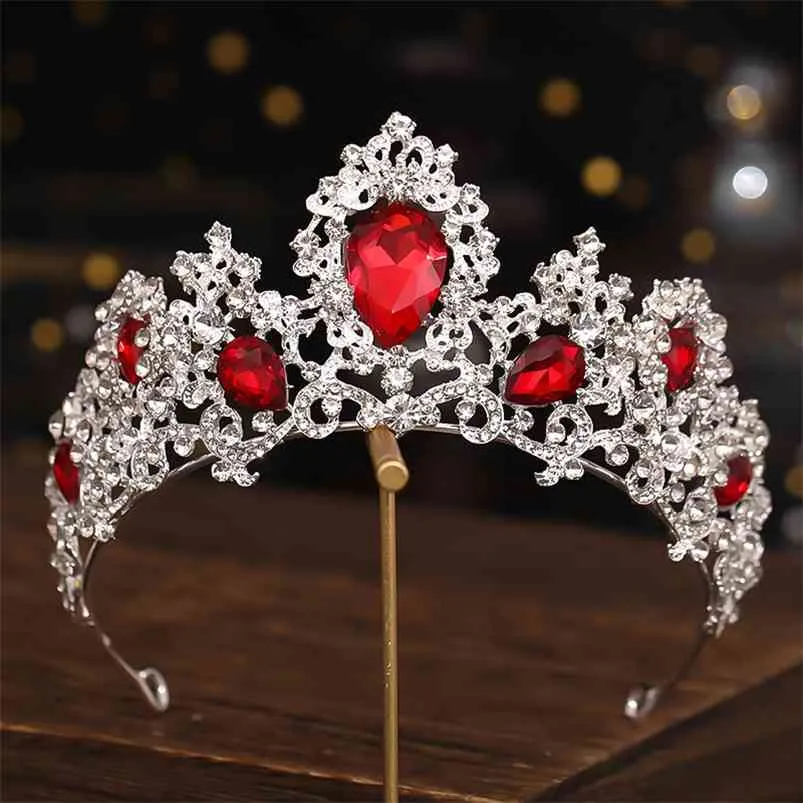 Barock Luxury Silver Color Red Green Crystal Bridal Tiaras Crowns Pagant Diadem Headband Wedding Hair Tillbehör 210701