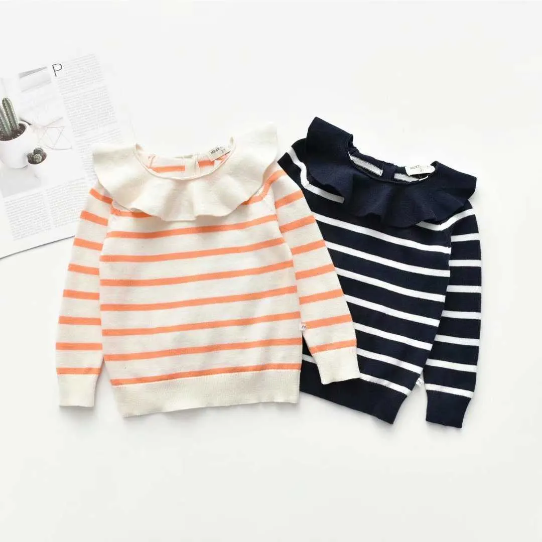 2021 children's sweater autumn new baby girls lotus leaf collar sweater wood ear striped pullover Y1024