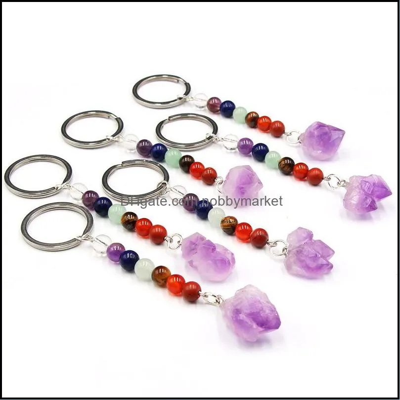 7 Chakra Natural Stone Key rings Handbag Purse Holder Irregular Amethyst Crystal Quartz Stones keychains Dangle Car Clasps Chains