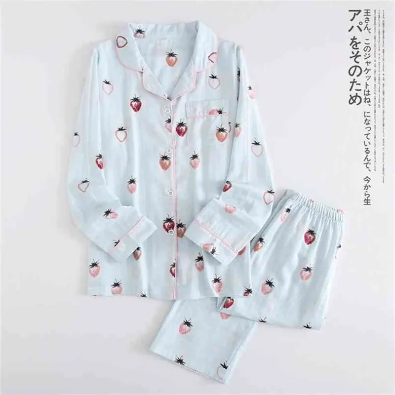 Taze 100% Gazlı Bez Pamuk Pijama Set Bahar Yaz Japon Kawaii Çilek Homewear Rahat Uzun Kollu Pijama 210809