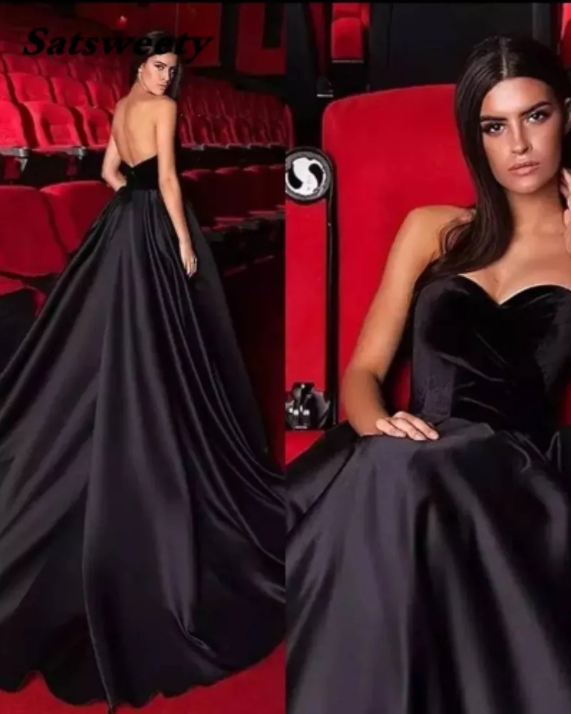 Elegant Black A Line Prom Dress 2022 Sweetheart Backless Velvet Top With Satin Skirt Long Formal Evening Gown