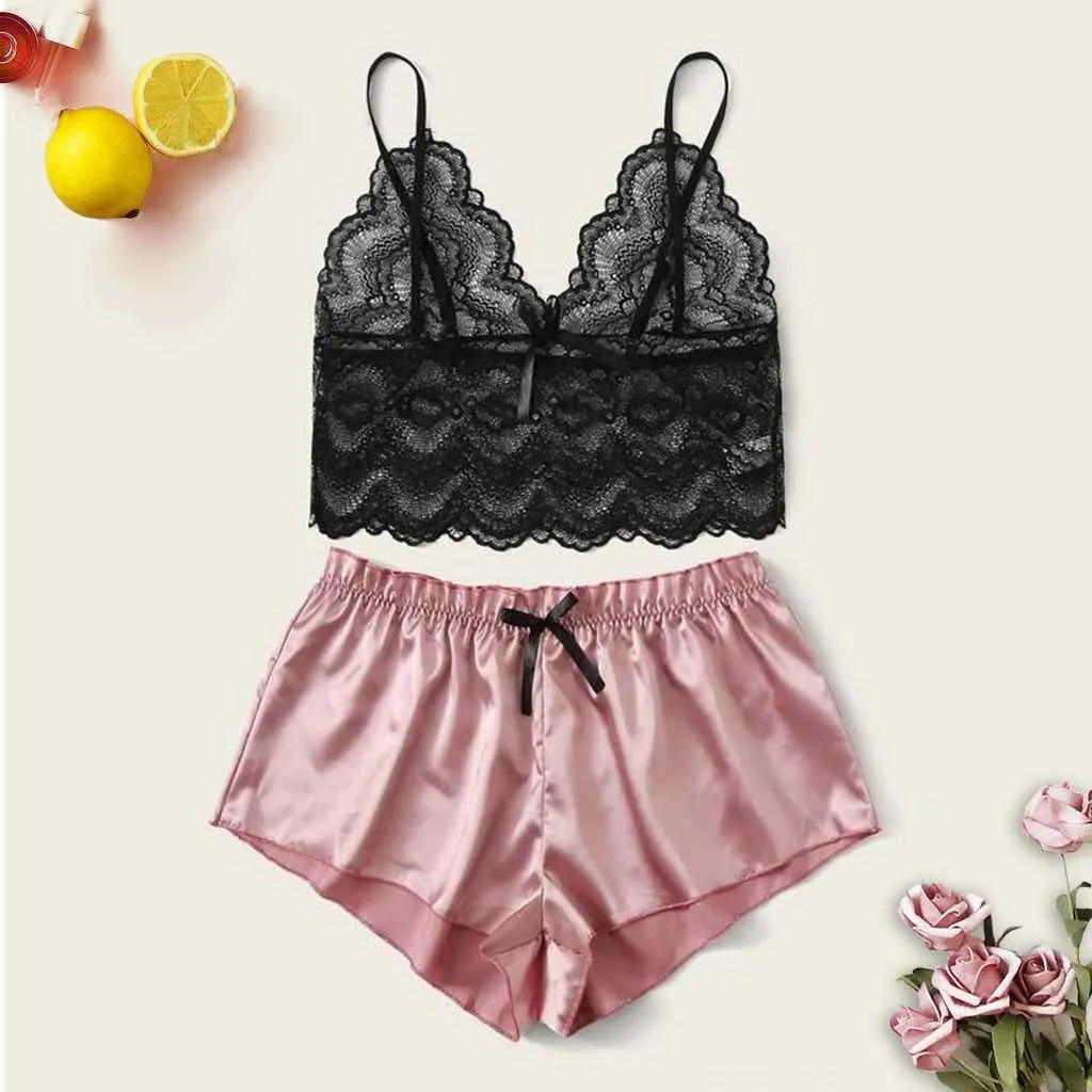 Femmes Sexy Nuisette Lingerie Ensemble Dentelle Crop Top Shorts Pyjamas Ensemble Vêtements De Nuit Satin Pijama Shorts Vêtements De Nuit Pyjama Femme Costume De Nuit Q0706