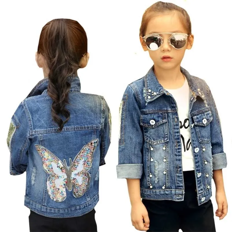 Baby Girls Denim Jacket Cardigan Coat Kids Jean Outwear Butterfly Embroidery Sequins Children Clothing Spring Clothes 211204