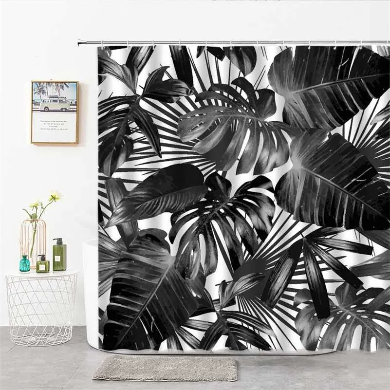 Planta Folhas de Chuveiro Cortinas Preto Branco Palmeira Folha para Banheiro Decoração Cortina Tecido Lavável Tamanho Customizável Coisas 211116