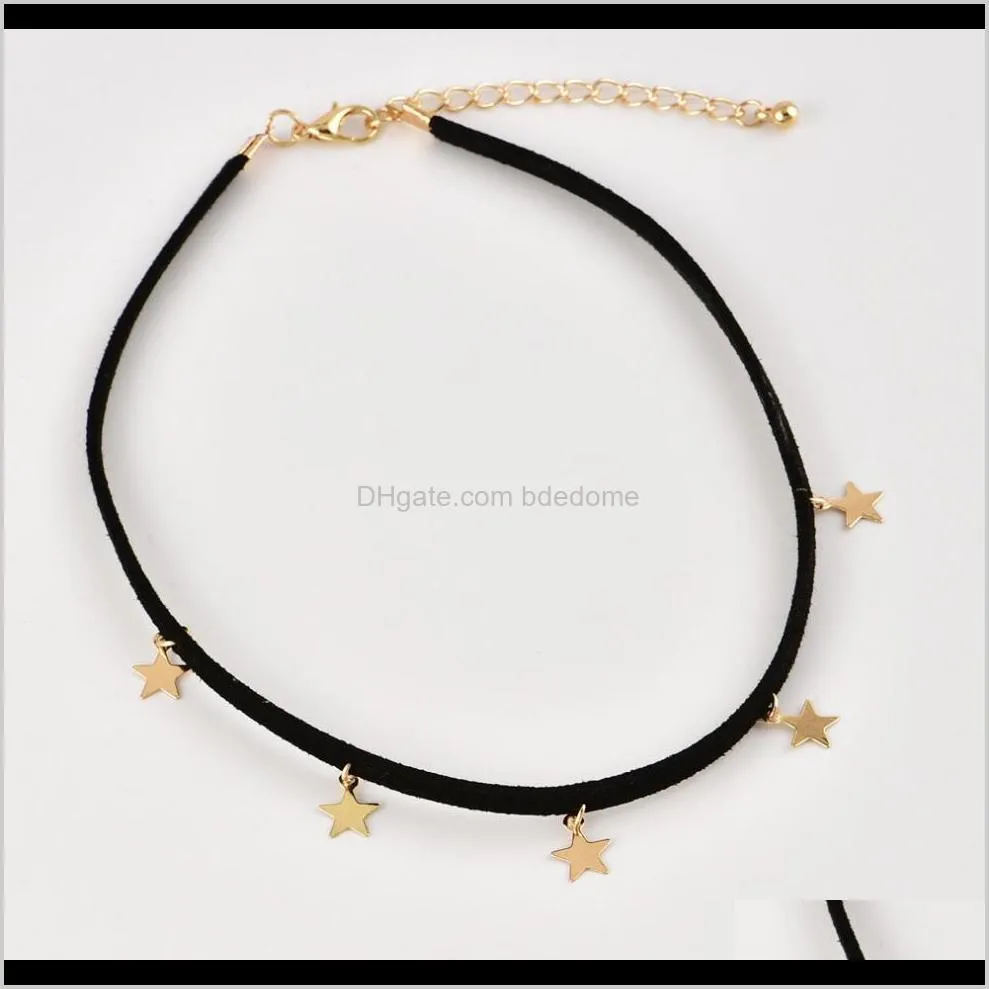 choker necklace black color pu belt with stars pendant gold color plated extended metal chain woman gift