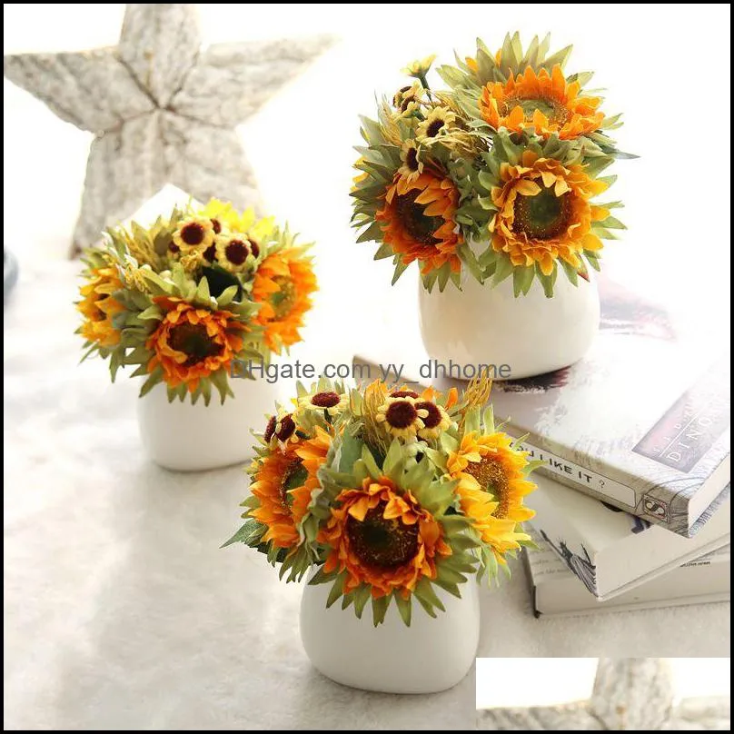 Little Sunflower Bouquet Posy Decorative Artificial Silk Flowers Wedding Flower Fake Plants Home Party Decor Wholesale