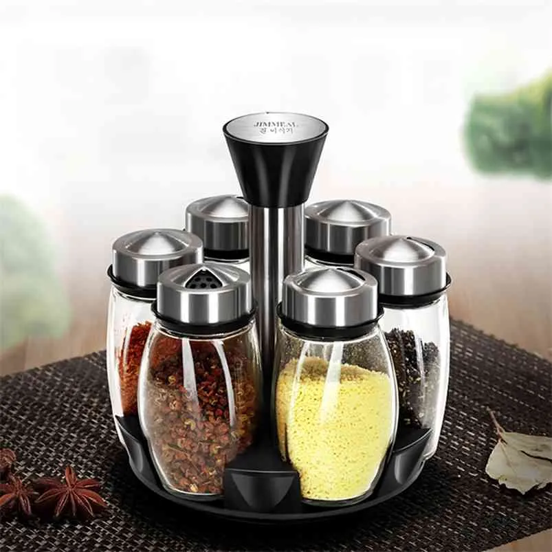 7PCs Spice Jars Set Rotating Rostfritt Stål Cruet Condiment Köksås Jar Kryddor Bottle Tool Storage 210423