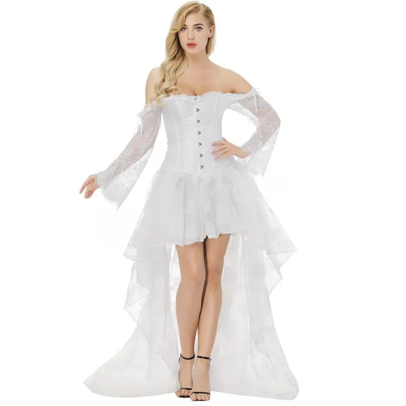 Bustiers & Corsets White Corset Dress Women's Sexy Off Shoulder Long Lace Sleeves With Skirt Victorian Bridal Wedding Costume