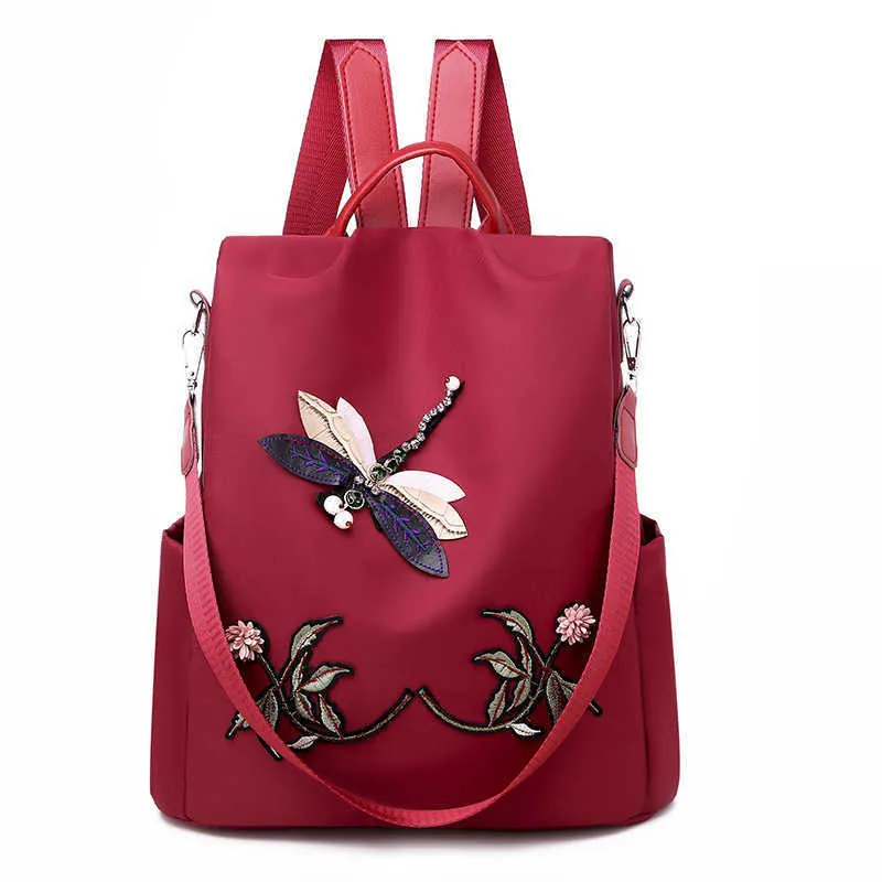 Waterproof Nylon Women Backpack Zipper Oxford School Bags For Girls Dragonfly Flower 3D Embroidered Backpack Female Rucksack X0529