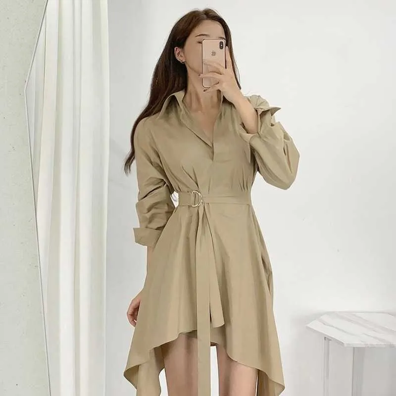 Vår Koreanska Chic Elegant Khaki Långärmad Lapel Oregular Skjortor Klänning Kvinnor Bälte Casual Vintage Wild Fashion Vestido 210610