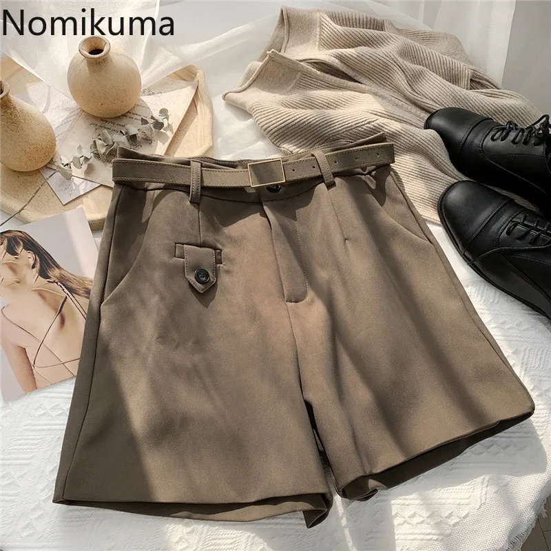 Nomikuma Elegant Causal Women Shorts Korean Belt High Waist Wide Leg Short Spring New Femme Bottoms Mujer 6E867 210427