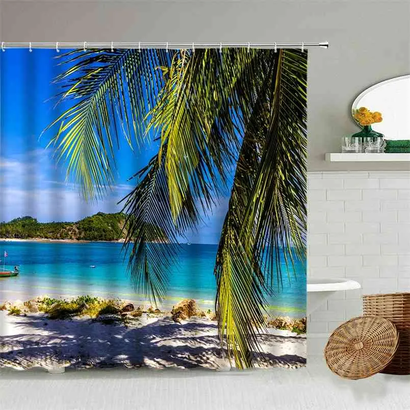 Sea Beach Palm Tree 3D À Prova D 'Água Duche Cortina Verão Natural Cenário Acessórios Banheiro com Gancho Cortinas Decoração de Casa 210915