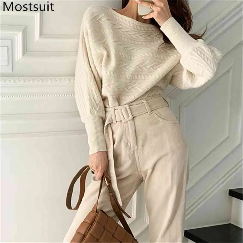 Korean Fashion Women Sets Sweater + High Waist Pants Suits Office Elegant Ladies Female Two Piece Femme Spring Autumn 210513