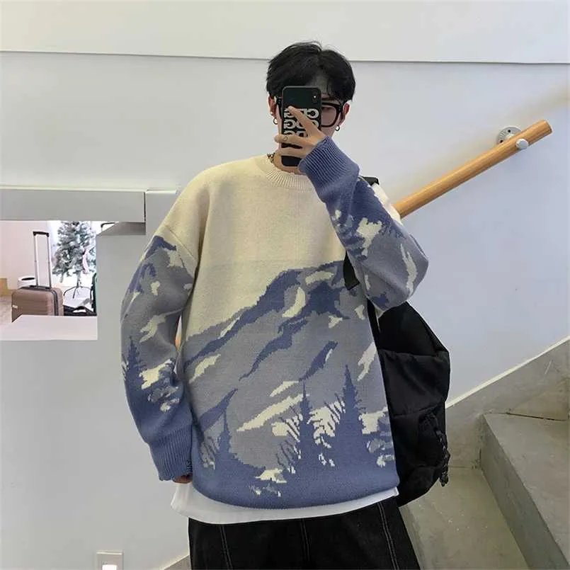 Sweater Men Streetwear Mountain Tree Pattern Hip Hop Autumn Pullover Spandex O-neck Oversize Couple Casual Men's Sweaters 211006