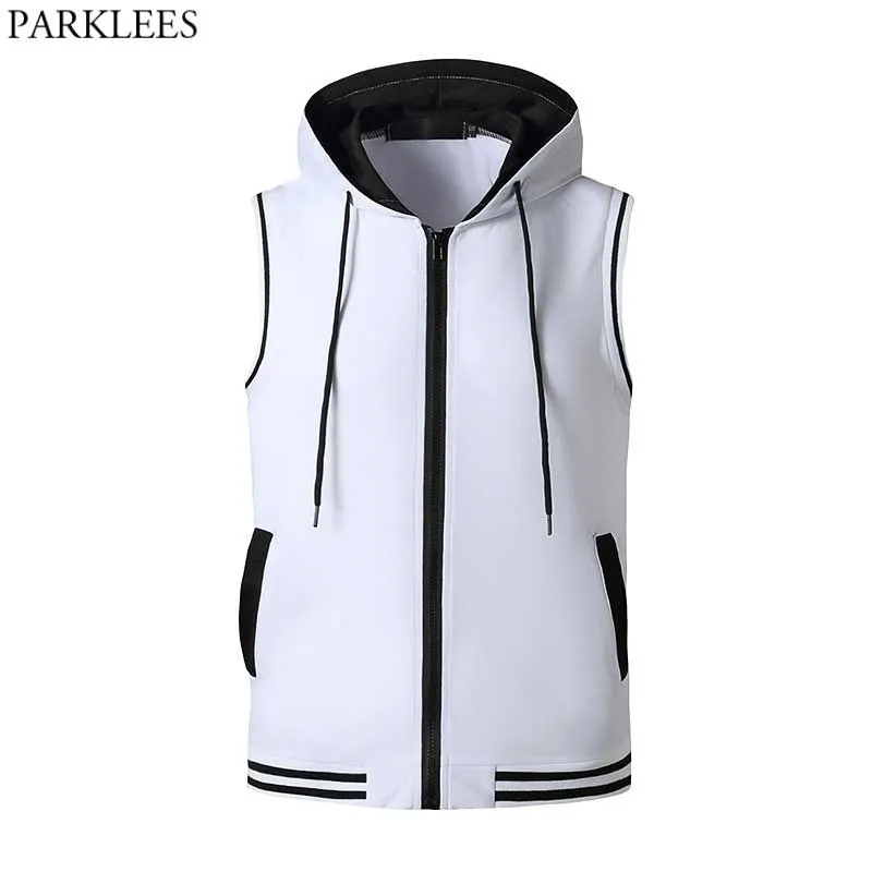 Men's Hit Color Sleeveless Zip-up Hooded Vest Tshirt Slim Fit Zipper Trim Workout Tank Tops Bodybuilding Fitness Muscle T-shirt 210522