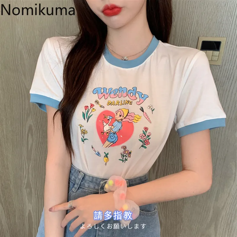 Nomikuma Anime Gedrukt T-shirts Dames O Hals Korte Mouw T-shirts Zomer Crop Tops High Street Camisetas Mujer 3E408 210514