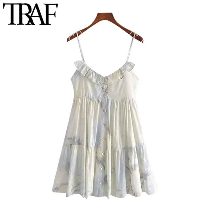 Mulheres Chic Moda Tie-Dye Imprimir Ruffled Mini Vestido Vintage Backless com Forro Fino Correias Femininas Vestidos Mujer 210507