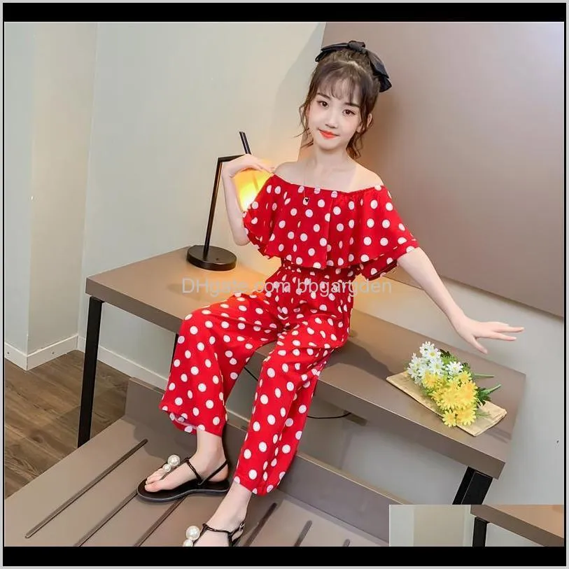 kids clothes summer outfits teenage girls clothing 12 14 years word shoulder short sleeve polka dot rompers children`s jumpsuit sets