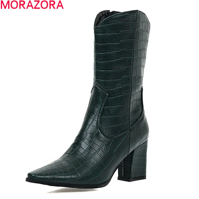 Bottines de Morazora Bottines épais talons hauts taches carrées chaussures de femme de la mode avec zip couleur solide hiver femmes bottes noir 210506