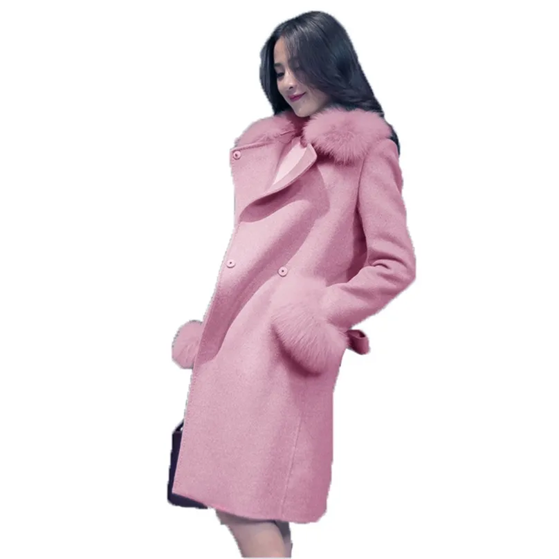 Winter Wool Coat Women Pink Plus Size Jackets Gray Fur Collar With Belt Korean Fashion Clothing Long Blends Coats LR645 210531