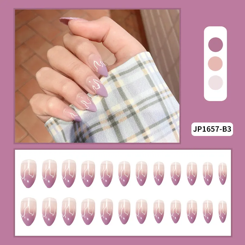 Glitter chama roxo ombre unhas artificiais gradiente longo caixão pressione em unhas falsificadas clipe em tampa completa Dicas de unhas acrílicas