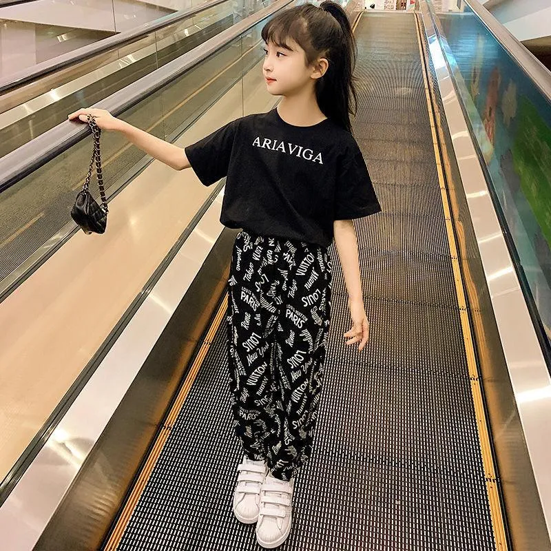 Clothing Sets Summer Kid Girls Clothes Outfits Children Short Sleeve Wings  Print Loose Tee Shirts + Pants 10 12 Years Old Casual Set