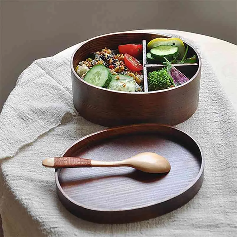 Lebensmittelbehälter Bento Box Mittagessen Geschirr Holz 3 teile/satz für Kinder im japanischen Stil mit Fächern Gesundes Material 210423