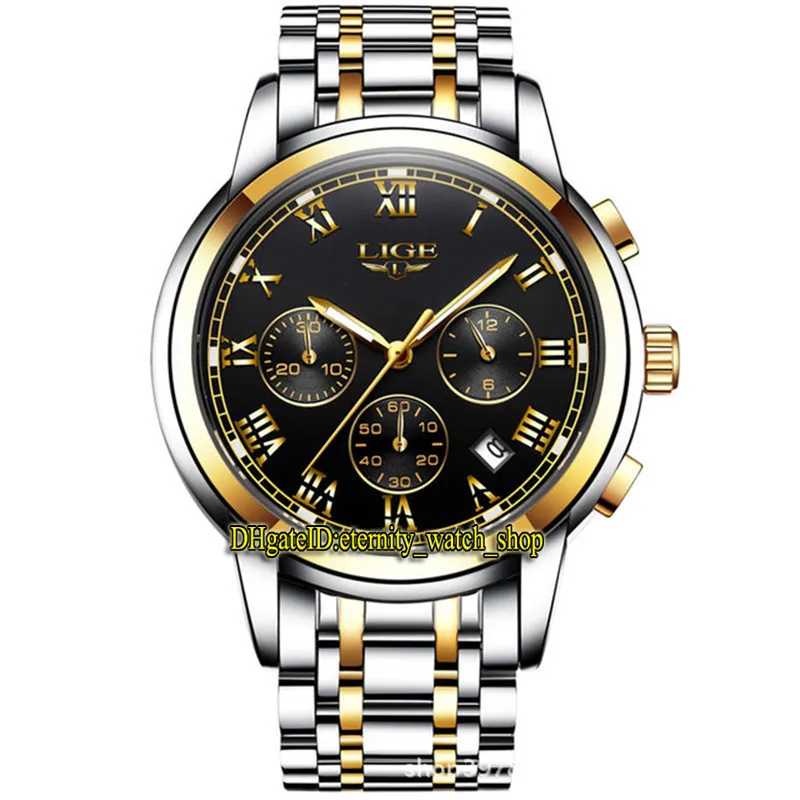 LIGE eternity 9810 Relojes deportivos para hombre Fecha Esfera negra Japón VK Movimiento cronógrafo de cuarzo Reloj para hombre Caja de acero Bisel dorado Pulsera de acero inoxidable de dos tonos