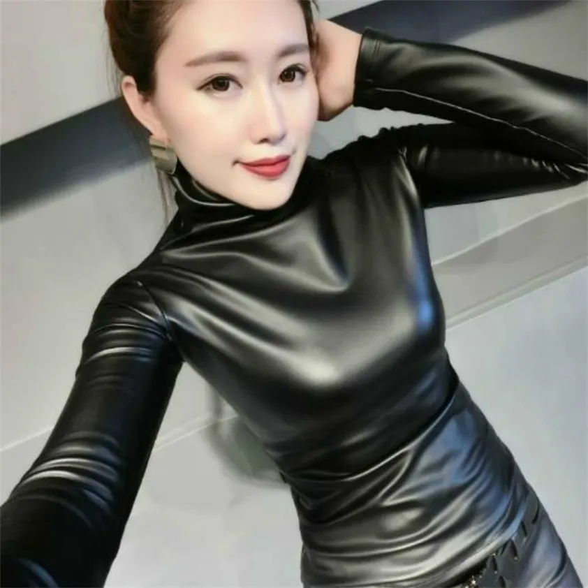 Fashion Autumn Women Pu Leather Tops Shirts Turtleneck långärmad Slim Casual Plus Siz 4XL 220217