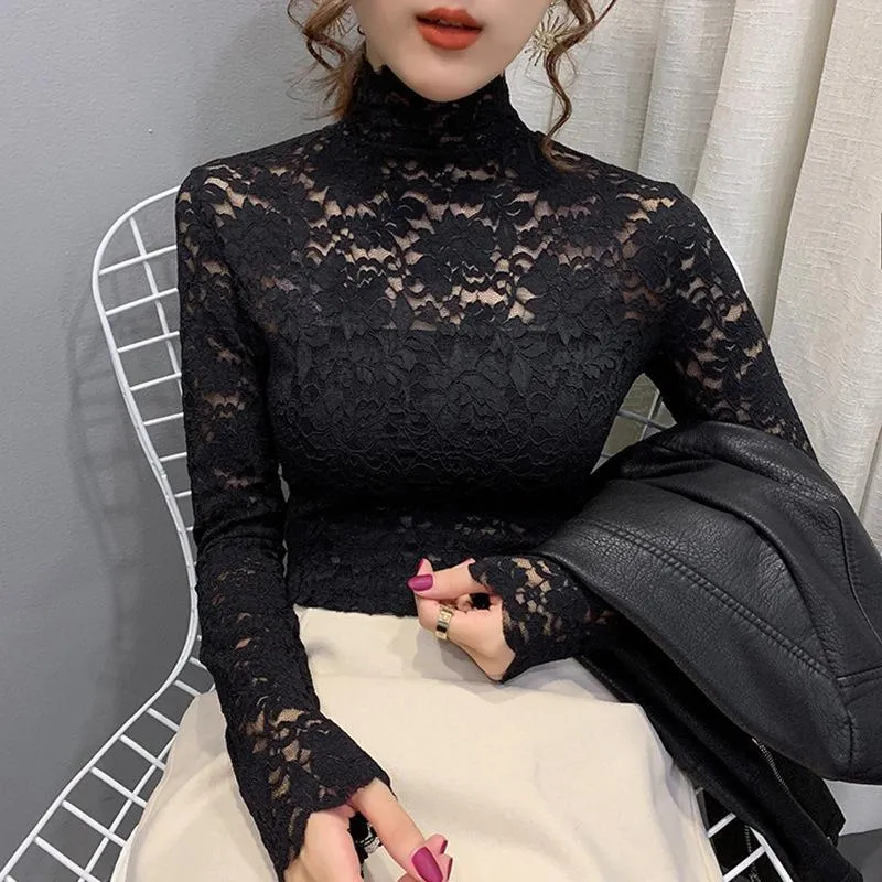 Sexy Black Lace Crochet Patchwork Tee For Women Autumn Thin Lace 