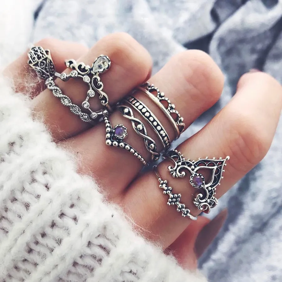 Knuckle Midi Ring Set Bohemian Vintage Crystal Stone Crown Fatima Hand Ring Women Gifts Wedding Wed Rings Sets