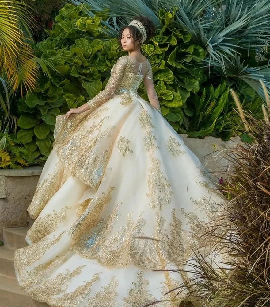 2022 Gold Lace Appliqued Ivory Sparkly Ballgown Wedding Dress With Sheer Neckline Long Sleeves Vintage Cathedral Style Pearls Beads And Court Train Custom Made From Sexybride 231.05 DHgate.Com