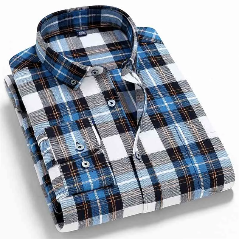 Herr plädskjorta 100% bomull Högkvalitativ mens Business Casual Långärmad skjorta Manlig Social Dress Shirts Flannel 4XL 210708