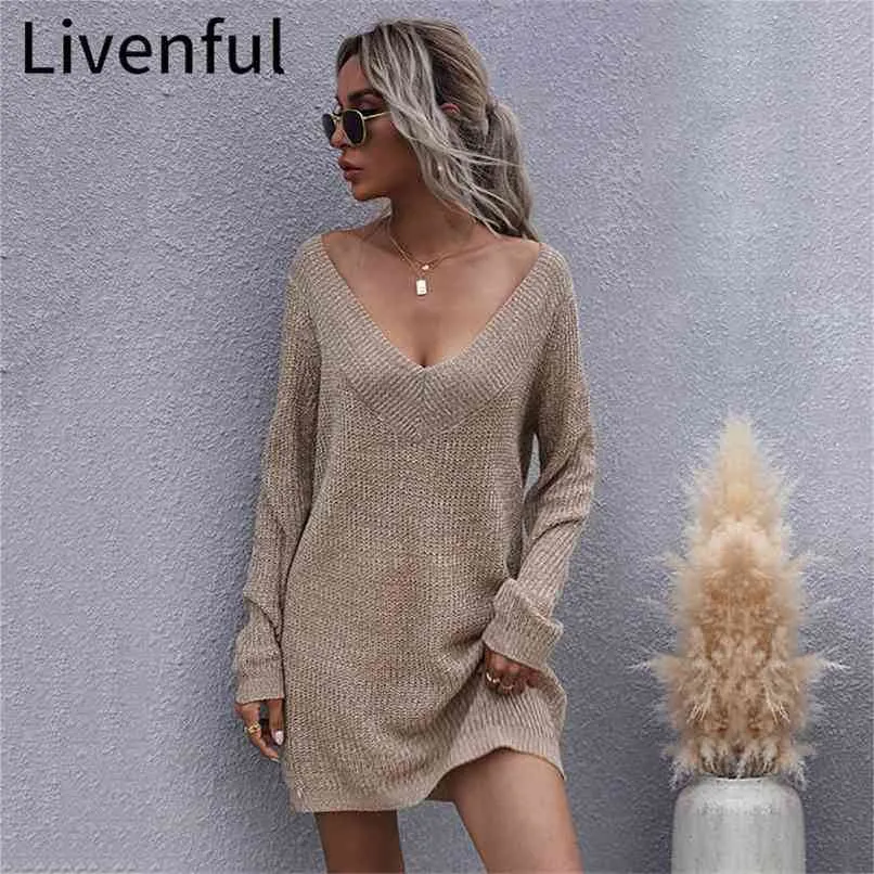 ly low-cut v-hals sexy trui lange mouwen knitwear truien Losse vrouwelijke bottoming off-the-schouder jurk jumper tops 210914