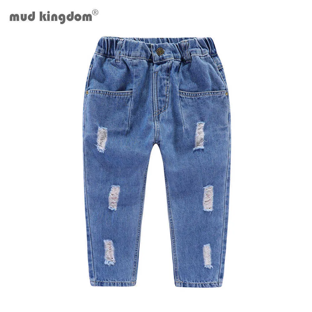 Mudkingdom Boys Girls Jeans Ripped Elastic Waist Casual Trousers for Kids 210615