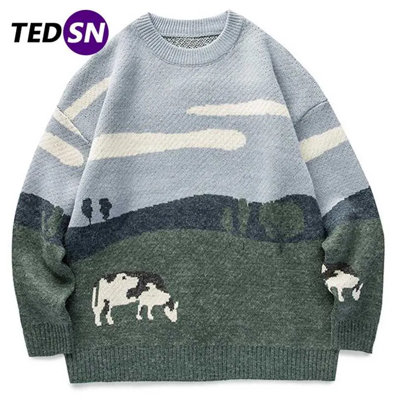 Tedsn Men Cow Vintage Winter Sweter Pullover O-Neck Korean Knite Sweter Kobiety swobodne harajuku dzianinowy streetwear ponadgalize 220108