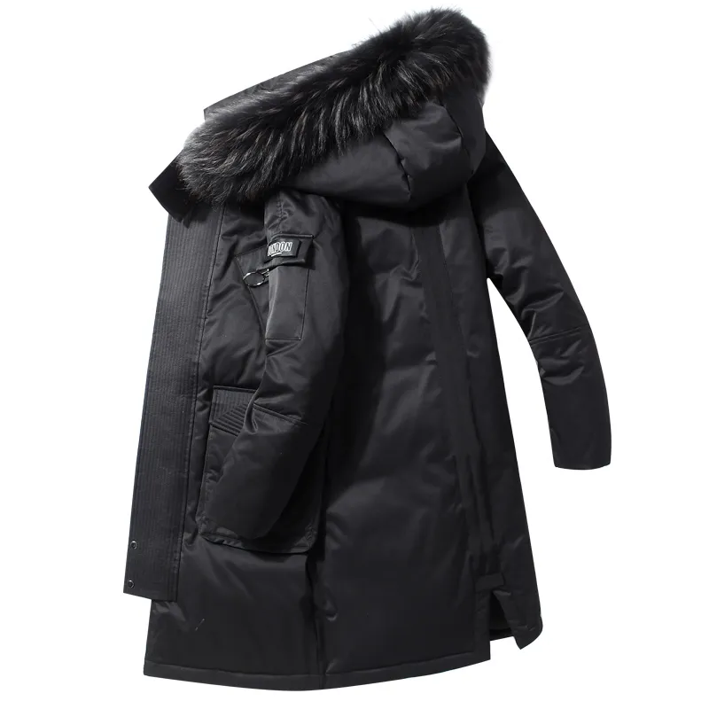 Мужчины Длинные Parkas Теплый большой меховой воротник ветрозащитная съемная шляпа куртка мода с капюшоном на молнии верхняя одежда мужской снег пальто