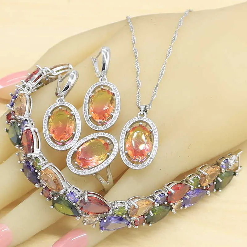 Gradiënt rode semi-kostbare zilveren kleur sieraden sets voor vrouwen oorbellen armband ringen ketting hanger geschenkdoos H1022