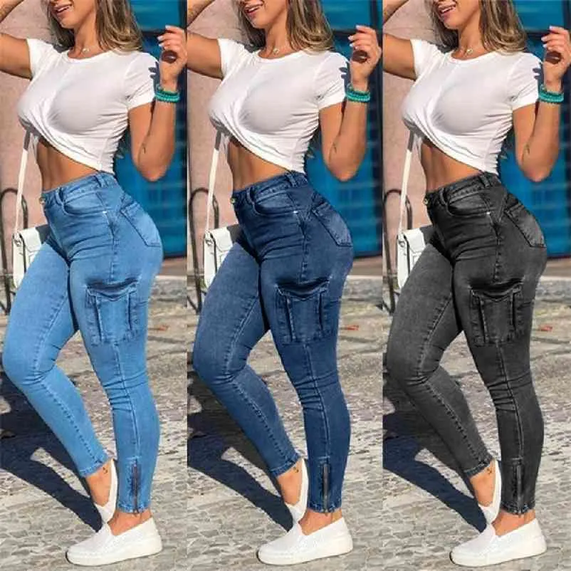 Jeans skinny femmes taille haute taille extensible femme pantalon streetwear poche latérale design trou lavé denim crayon pantalon 210322