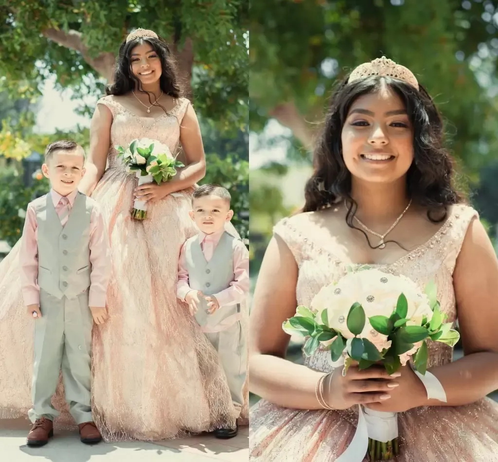Gold Sequin V-Neck rustic wedding dresses with Sparkly Straps and Tulle - Customizable Plus Size Bridal Gown for Beach Weddings