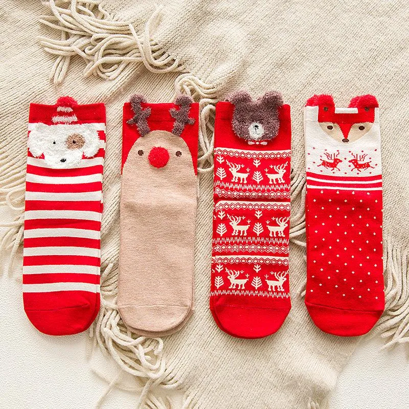 Christmas Socks Women Cartoon Santa Elk Pattern Warm Cotton Middle Tube Colorful Winter Christmas Stocking