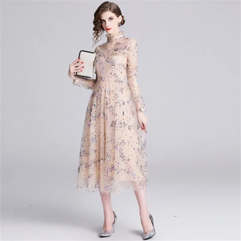 Kvinnor mode ruffles vintage långa klänningar smal elektiv sexig ärm casual parti sequin mesh klänning 210603