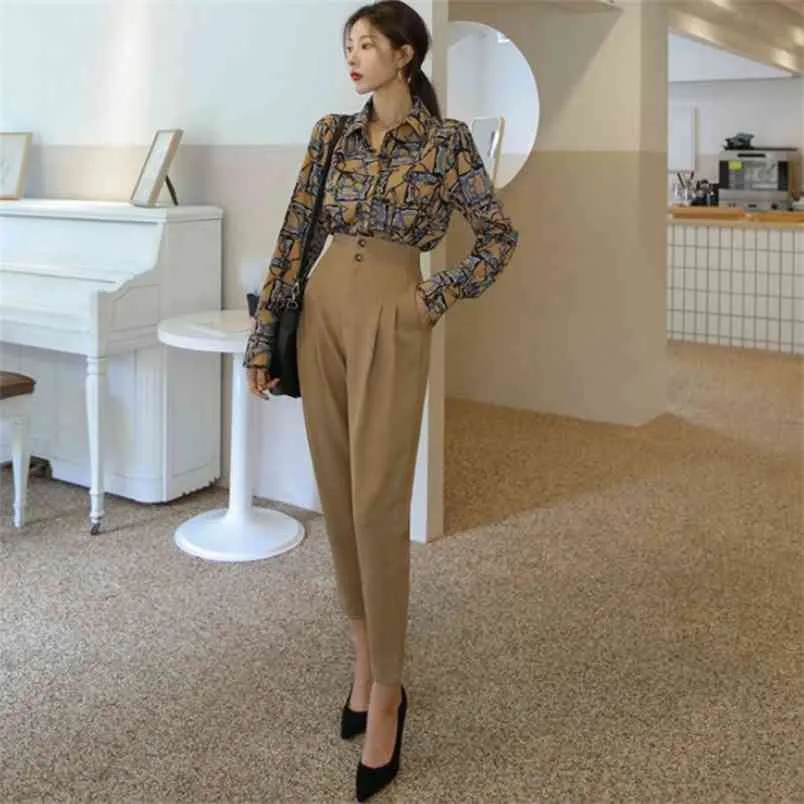 Ankomst Elegant tryck Sexig Baklösa Slå ner Collar Shirt + Hög Midja Lång Pant Högkvalitativ Enkel Arbetsstil 2 Pieces Set 210519